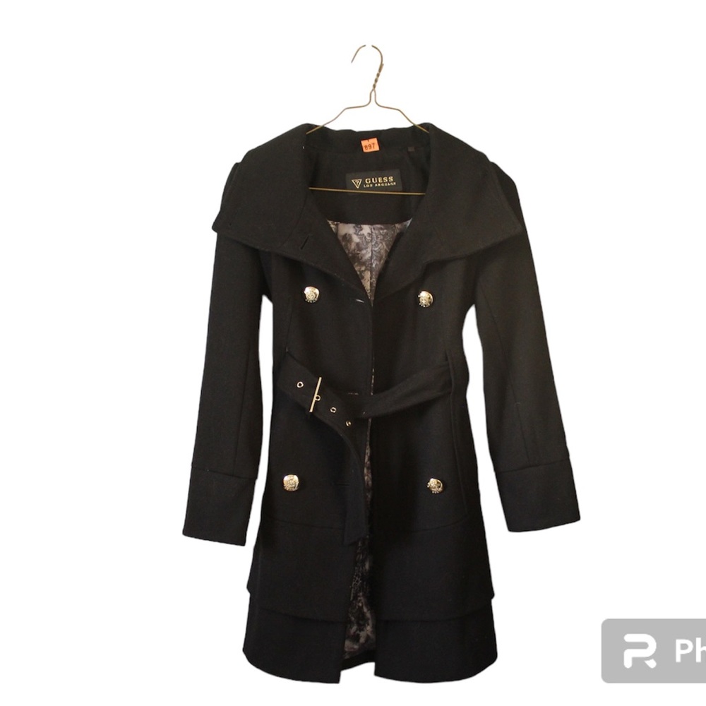 GUESS Los Angeles WOOL Button Double Breasted Black Trench Coat